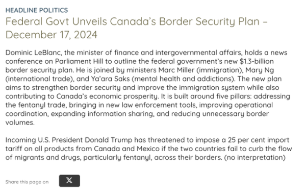 Text-based image detailing a news conference where Canadian ministers, including Dominic LeBlanc, Marc Miller, Mary Ng, and Ya’ara Saks, announce a new $1.3B border security plan aimed at enhancing security and addressing issues like the fentanyl. 