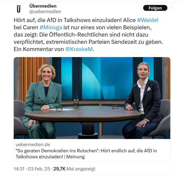 Übermedien, hört auf in talkshows die AFD einzuladen ein Kommentar von @krakem