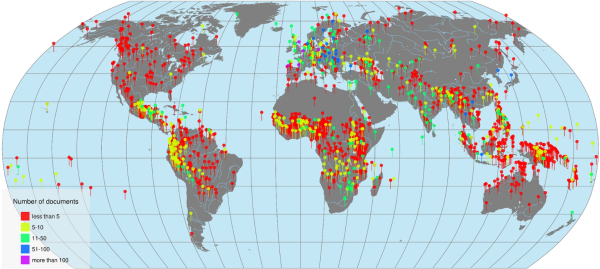 Global distribution of collected documents per language.

Approximately 76% of languages have fewer than five documents. On the other side of this spectrum, over 160 languages have more than 10 documents. This imbalance reflects the limited electronic availability of documents in languages spoken by smaller populations. (Figure 1 from the paper)