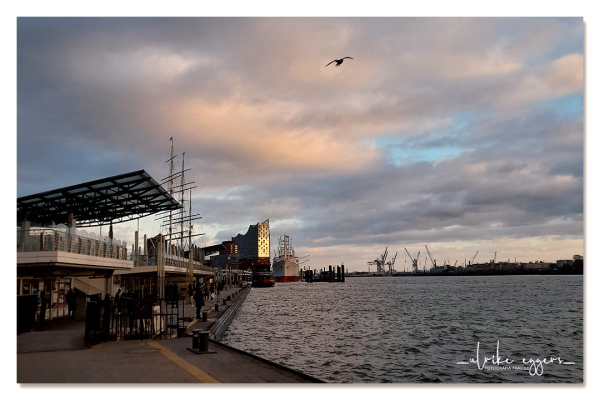 Am Fähranleger Landungsbrücken mit Blick auf die Elbphilharmonie, die von der untergehenden Sonne angestrahlt wird. Der Himmel wird von dicken Wolken bedeckt, die von der Sonne orange gefärbt sind; dazwischen sind blaue Stellen. Das Wasser der Elbe ist leicht bewegt. Im Hintergrund sind die typischen Hafenkräne zu sehen.