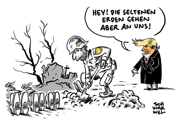 Ein ukrainischer Soldat hebt Gräber für drei seiner Kameraden im zerstörten Kriegsgebiet aus. Hinter ihm steht Trump und zeigt auf den kleinen Aushubhügel und schnauzt: „HEY! DIE SELTENEN ERDEN GEHEN ABER AN UNS!“ (Credits: SCHWARWEL)