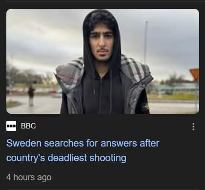 A screenshot from the BBC report on the school shooting in Sweden shows a young Asian man in a black hoodie with the hood up, underneath a black puffer jacket.  The grey and red checked lining of the jacket is exposed.  Caption reads:
Sweden searches for answers after country's deadliest shooting