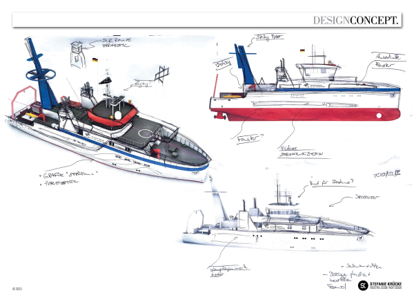 Visualisierung des neuen DLR-Forschungsschiffs (Scribble)

Das Schiff wird 48 Meter lang und 11 Meter breit sein, mit einem Tiefgang von 3,2 Metern. Eingesetzt werden soll es vorrangig für ein- bis mehrtägige Versuchsfahrten auf Nord- und Ostsee mit maximal 20 Personen an Bord. Mit ihm erprobt das DLR klimaverträgliche Energiesysteme auf Basis von Wasserstoff sowie Batterien.