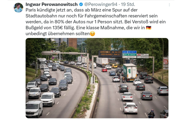 Ingwar Perowanowitsch, Paris kündigt jetzt an dass ab März eine Spur auf der Stadt Autobahn nur noch für fahrgemeinschaften reserviert sein wird...