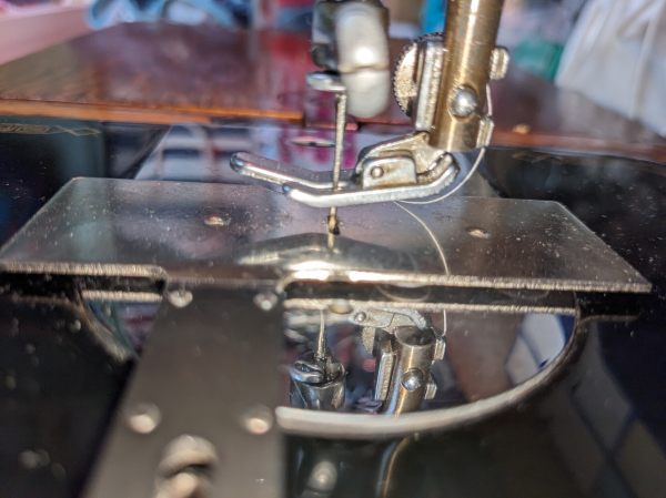 Close up of the needle going through the metal plate covering the little toothy bits which usually feed the fabric through one stitch-length at a time. 