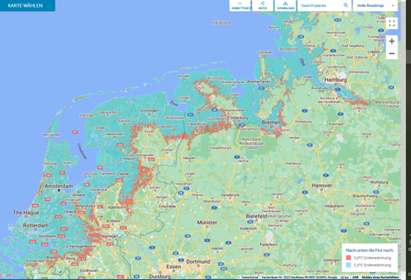 Karte nordseeküste mit Szenario Meeresanstieg sechs bis sieben Meter.