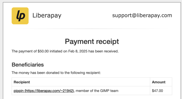 Screenshot of a payment receipt to Liberapay, indicating a payment of $50.00 on Feb 8, 2025 to "pippin, member of the GIMP team."