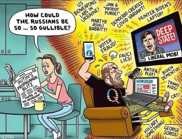 Showing How Lies and Disinformation Have Taken over the republicans

The cartoon depicts a kitchen scene where a woman is reading a newspaper with a headline about Putin's propaganda blitz, while in the background, a man is engrossed in watching television and a laptop filled with conspiracy theories. 

The foreground shows the woman's worried expression as she reads the newspaper, while the background highlights the man's anger and frustration as he consumes various media sources promoting misinformation.