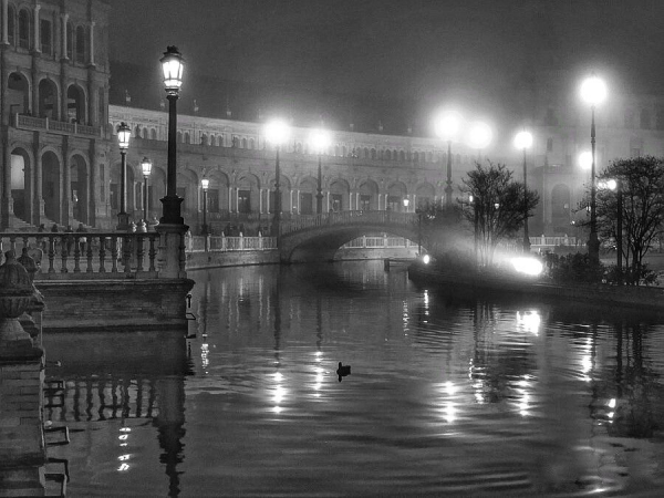 Fotografía en blanco y negro nocturna de un canal de agua con un puente arqueado que lo cruza en la Plaza de España de Sevilla envuelto en una ligera niebla. A lo largo del canal hay una estructura arquitectónica con columnas y farolas iluminando el camino. En el agua se observa un pato. La escena está bañada por la luz de las farolas y los reflejos en el agua. La atmósfera es serena y tranquila.