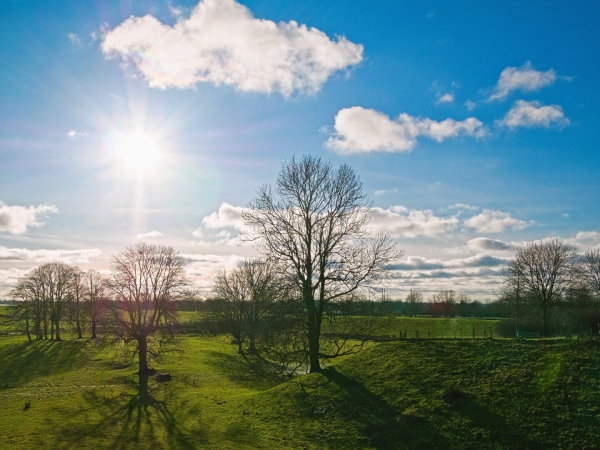 In the foreground, gently rolling green meadows with bare trees. Their shadows fall in front of them. There is lots and lots of sky above the meadows and trees. A few white clouds can be seen, otherwise the sky is blue. The sun is in the sky on the left of the picture and is blinding us ;)