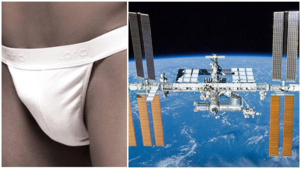 Ein Bild, das links eine weiße Unterhose und rechts die Internationale Raumstation (ISS) zeigt, die über der Erde schwebt. Die Unterhose ist auf einer menschlichen Figur platziert, während die Raumstation im Weltraum mit Sonnensegeln und mehreren Modulen dargestellt ist.