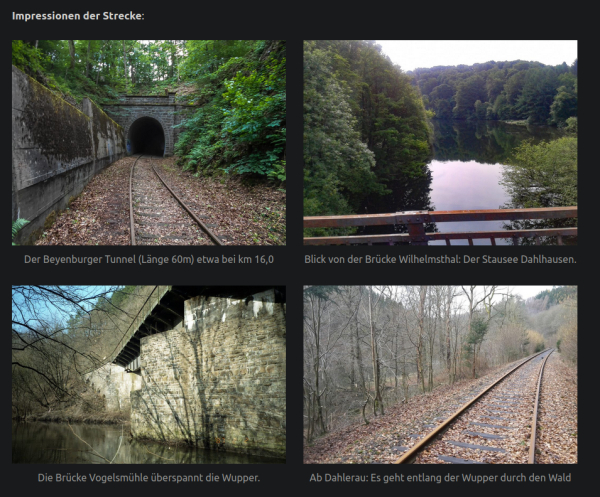 Impressionen der Strecke:
Der Beyenburger Tunnel (Länge 60m) etwa bei km 16,0
Die Brücke Vogelsmühle überspannt die Wupper.
Blick von der Brücke Wilhelmsthal: Der Stausee Dahlhausen.
Ab Dahlerau: Es geht entlang der Wupper durch den Wald
