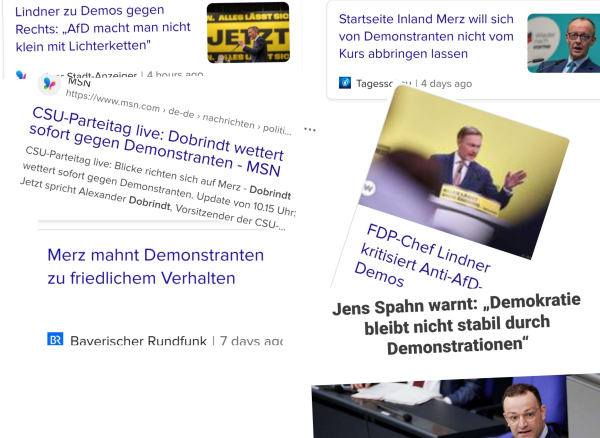 Screenshots von News, die genannten äußern sich über die Demos gegen Rechts 