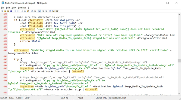 [ImageSource: Microsoft]

Script to apply CVE-2023-24932 mitigations to bootable Windows media.

The PowerShell script can be downloaded from Microsoft and can be used to update bootable media files for ISO CD/DVD image files, a USB flash drive, a local drive path or a network drive path.

To utilize the utility, you must first download and install the Windows ADK, which is necessary for this script to work correctly. When run, the script will update the media files to use the Windows UEFI CA 2023 certificate and install the boot managers signed by this certificate.

<https://learn.microsoft.com/windows-hardware/get-started/adk-install#winADK>

It is strongly advised that Windows admins test this process before the enforcement stage of the security updates is reached. Microsoft says this will happen by the end of 2026 and will give a six-month notice before it begins.