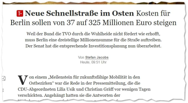 Screenshot Headline: Neue Schnellstraße im Osten: Kosten für Berlin sollen von 37 auf 325 Millionen Euro steigen