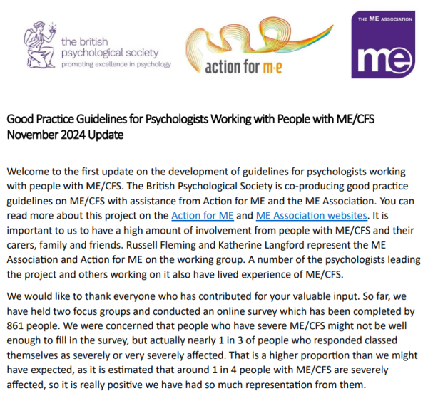 Logos for the British Psychological Society, Action for ME & ME Association

Good Practice Guidelines for Psychologists Working with People with ME/CFS
November 2024 Update 

Screenshot of 1st 2 paragraphs
