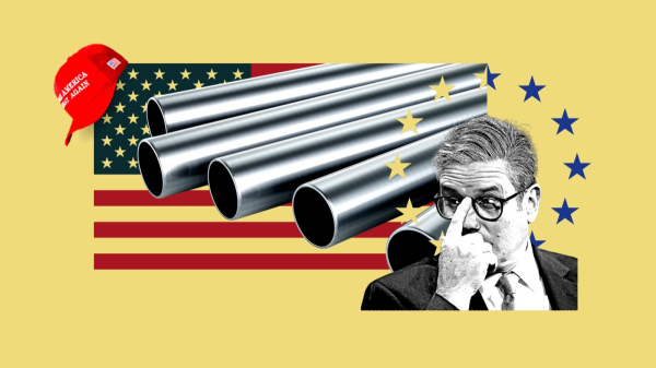 Grphic. The Stars and Stripes in the backgoound with a MAGA hat hanging from the edge, steel pipes overlaid with an EU flag amd Starmer looking pensive