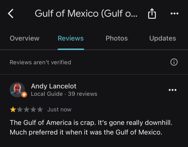 1 star review saying the gulf of America is crap, has gone downhill and I much prefer it when it was the Gulf of Mexico 