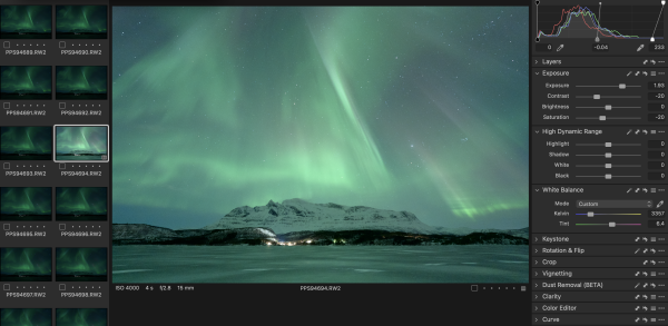 Capture One interface, showing all my tweaks. A lot of exposure lifting in this file, and reducing contrast in general. I lift the white point for these very gentle moments. When the aurora is dancing hard I need to drop my highlights to avoid blow outs. Just depends what phase of the nordlys we're shooting.