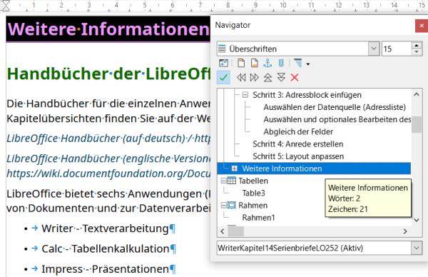 Screenshot des Navigators, der zeigt, dass ein Abschnitt ausgewählt wurde und ein Tooltip mit Details zu diesem Abschnitt angezeigt wird.