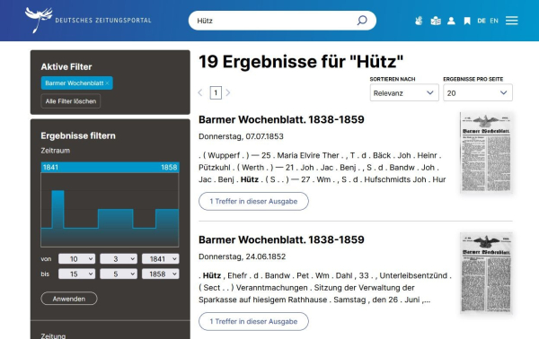 Screenshot des Deutschen Zeitungsportals mit einem Suchergebnis zum Familiennamen Hütz des Barmer Wochenblatt 1838-1859