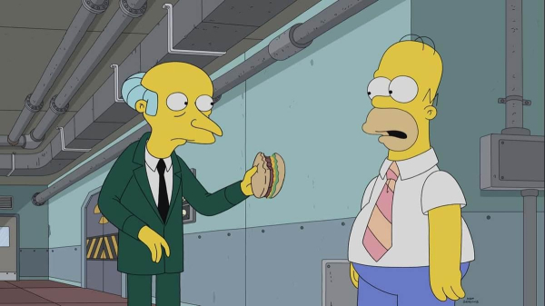 Mr Burns aus The Simpsons bietet Homer einen Burger an.