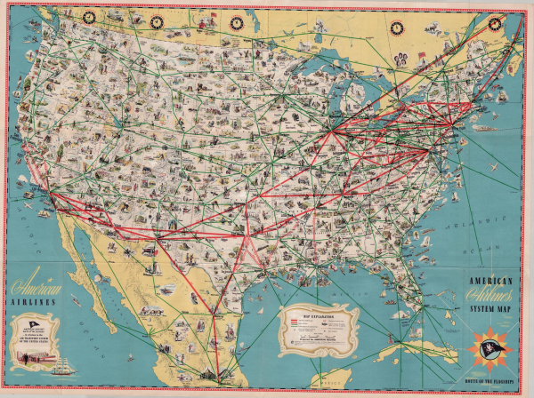 Large map of the route American Airlines Flew. You also see a beautiful Gulf of Mexico 