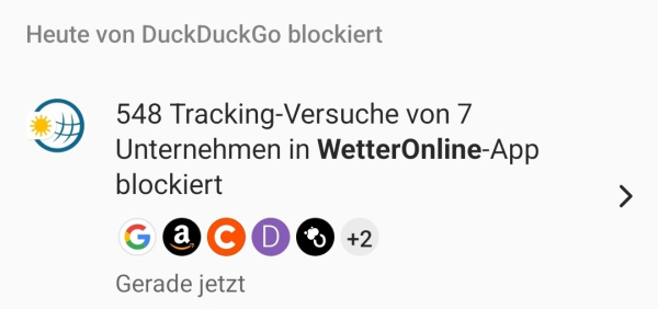 Screenshot vom Trackingblocker von DuckDuckGo, der zeigt, dass die Wetter Online immer noch über 500 Trackingversuche macht, um die Daten mit 7 Anbietern zu teilen 