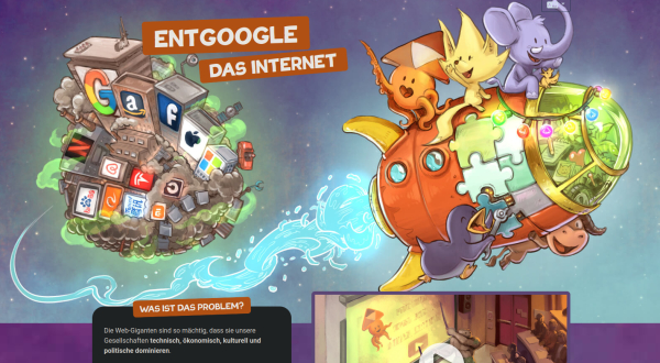 Ausschnitt aus der Webseite von Framasoft: "Entgoogle das Internet": Bild von David Revoy (Fediverse-Maskottchen, die auf einer Rakete lachend den Planeten GAFAM verlassen)