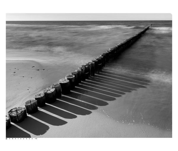 Schwarzweißfotografie: eine Reihe Holzbuhnen (Küstenschutzbauwerke aus eingerammten Holzstämmen) am Sandstrand der Ostseeküste, die Wellen des Meeres sind durch Langzeitbelichtung unscharf geglättet, durch tiefstehende Abendsonne lange Schatten der Buhnen nach rechts 