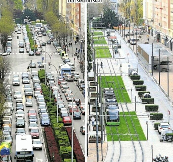 Picture with a street Before (right) versus and a picture (left) with an image of After in Vitoria-Gasteiz, Spain. 