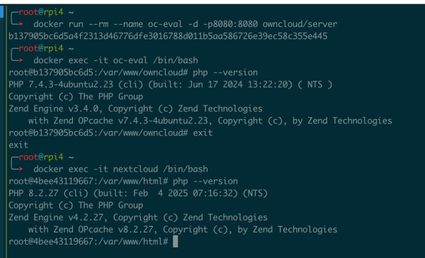 Screenshot: php versions of owncloud und nextcloud stock docker images