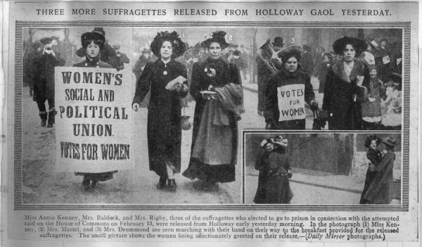 newspaper clipping headed "three more suffragettes released from Holloway gaol yesterday" above photos of five women (the three released and two of the women greeting them)