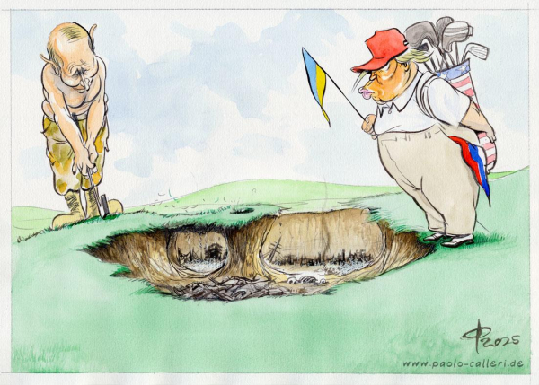 Karikatur. Putin und Trump auf einem Golffeld. Putin locht gerade ein. Trump steht daneben. Er hält ein Fähnchen in den Farben der Ukraineflagge in der Hand. Um die Schulter hat er eine Golfschlägertasche hängen. Der Platz ist zum Teil beschädigt. Um das Loch ist ein Krater, in dem eine kriegsähnliche Landschaft mit Ruinen und zerstörter Infrastruktur zu sehen ist. 