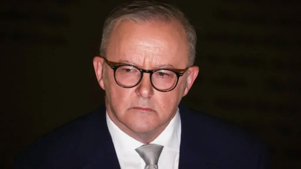 Australia's Prime Minister Anthony Albanese reacts as he listens to questions during a press conference at the Sydney Jewish Museum in Sydney. (David Gray/AFP) 