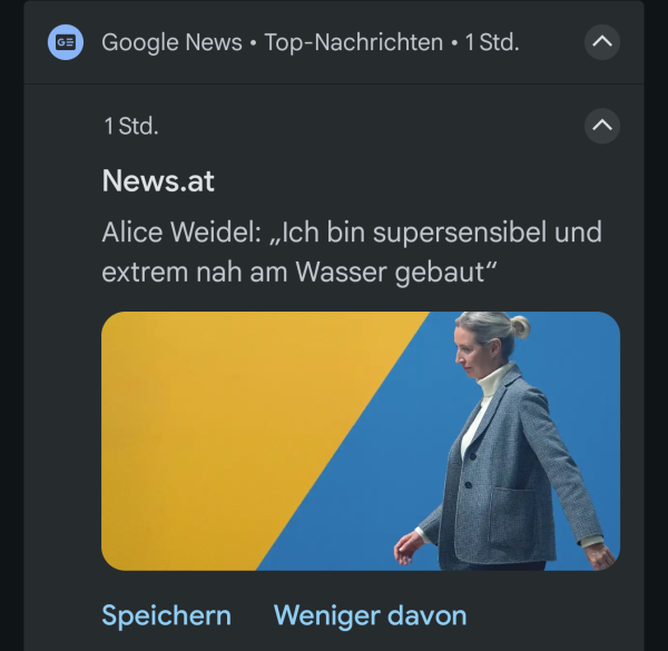 Google News Top-Nachrichten
News.at 
Alice Weidel: "Ich bin supersensibel und extrem nah am Wasser gebaut"

Darunter ein Bild einer Nazi Braut vor gelb-blauen Hintergrund.