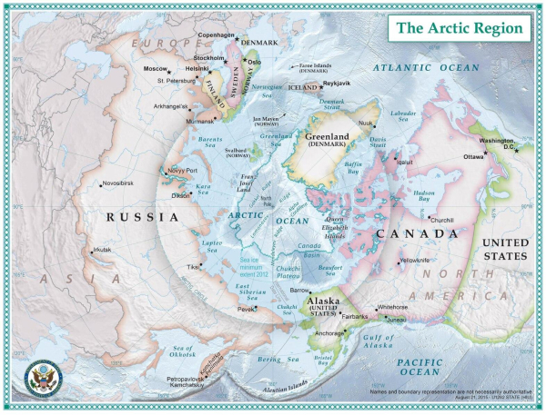 The nations which comprise the Arctic region. circa 2014.
Source: https://commons.wikimedia.org/wiki/File:Political_Map_of_the_Arctic.pdf
This map of the Arctic was created by State Department geographers as part of the U.S. Chairmanship of the Arctic Council. Author: U.S. State Department
Licensing Public domain. This work is in the public domain in the United States because it is a work prepared by an officer or employee of the United States Government as part of that person’s official duties under the terms of Title 17, Chapter 1, Section 105 of the US Code.