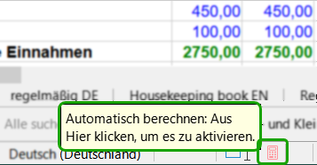 Tabellenblatt von Calc; unten: Statusleiste mit dem Symbol „Automatisch berechnen Aus“.