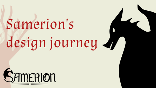 Samerion's design journey. Promotional picture for the blog article showcasing monochrome designs for a dragon, and for a tree.