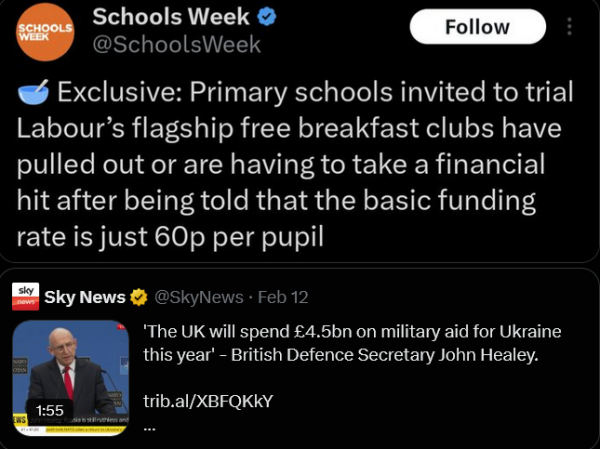 Two part screenshot. 
Schools Week writes: Exclusive.  Primary schools invited to trial Labour's flagship free breakfast clubs have pulled out or are having to take a financial hit after being told that the basic funding rate is just 60p per pupil.
Beneath is a clip from Sky News of Defence Secretary John Healy with the quote "The UK will spend £4.5bn on military aid for Ukraine this year"