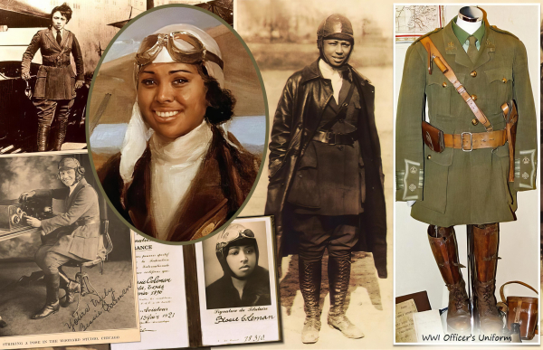 Composite image of Bessie Coleman, aviator, photographs and portrait painting.