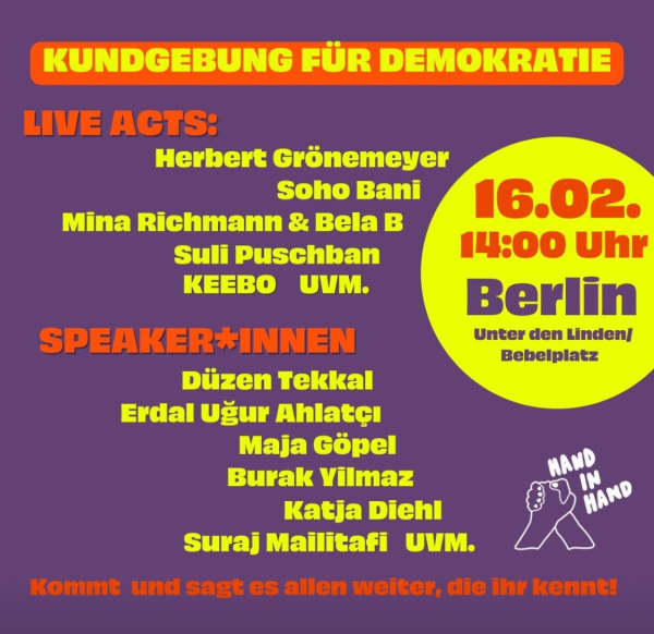 Demo Aufruf zur Kundgebung für Demokratie am 16.2. 14:00 Unter den Linden/Bebelplatz