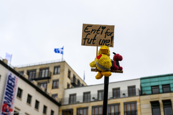 „Enti for Future!“ Kuscheltier mit Schild beim Klimastreik von Fridays for Future vor den Bundestagswahlen. Pariser Platz, Berlin, 14.02.2025