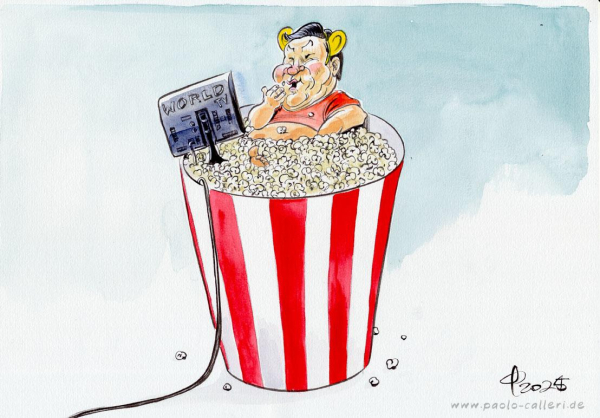 Karikatur. Xi Jinping sitzt in einem riesigen rotweißgestreiften Popcornbecher und schein sich gut zu amüsieren. Auf dem Kopf trägt er einen Haarreif mit gelben Winnie-Puh-Ohren. Xi schaut fern. Auf der Rückseite des TV-Geräts steht World TV geschrieben.