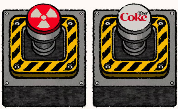 Graphic. Two buttons - one with a nuclear sign on it, one with a coke dispenser - I hope they have given Trump the second.