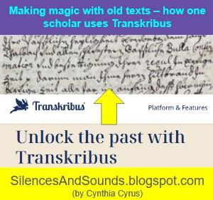 Title: Making magic with old texts--how one scholar uses Transkribus. Image shows a bit of a monastic chronicle , the transkribus logo, and the transkribus motto, "Unlock the past with Transkribus." A yellow arrow points from Transkribus to the chronicle text