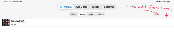 Screenshot of app window with top menus and the Dejeweled app listed under my installed apps. I have drawn a plus sign on the top right with the annotation “let me add from here” and an arrow pointing to the plus sign.