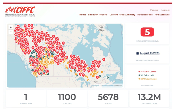 Map of Canada showing locations of fires.  