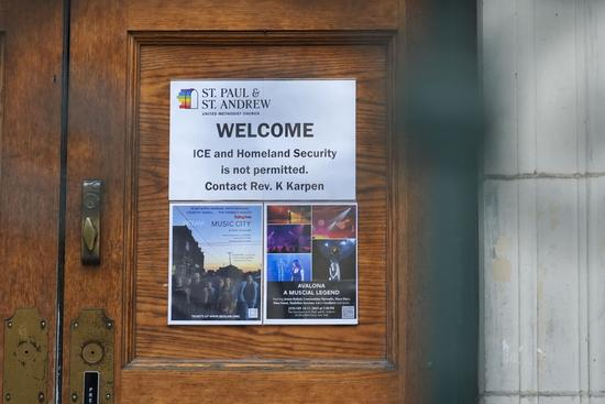 A sign that prohibits ICE or Homeland Security is posted at St. Paul and St. Andrew United Methodist Church in New York