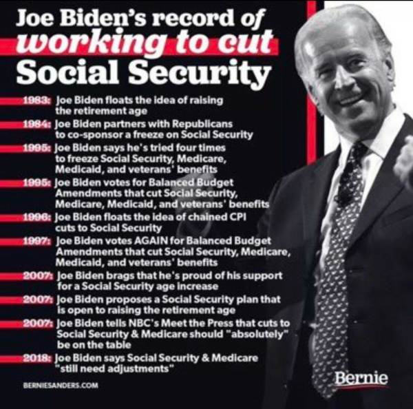 Joe Biden's record of working to cut Social Security

1983: Joe Biden floats the idea of raising the retirement age

1984: Joe Biden partners with Republicans to co-sponsor a freeze on Social Security

1995: Joe Biden says he's tried four times to freeze Social Security, Medicare, Medicaid, and veterans' benefits

1995: Joe Biden votes for Balanced Budget Amendments that cut Social Security, Medicare, Medicaid, and veterans' benefits

1996: Joe Biden floats the idea of chained CPI cuts to Social Security

1997: Joe Biden votes AGAIN for Balanced Budget Amendments that cut Social Security, Medicare, Medicaid, and veterans' benefits

2007: Joe Biden brags that he's proud of his support for a Social Security age increase

2007: Joe Biden proposes a Social Security plan that is open to raising the retirement age

2007: Joe Biden tells NBC's Meet the Press that cuts to Social Security & Medicare should "absolutely" be on the table

2018: Joe Biden says Social Security & Medicare "still need adjustments"